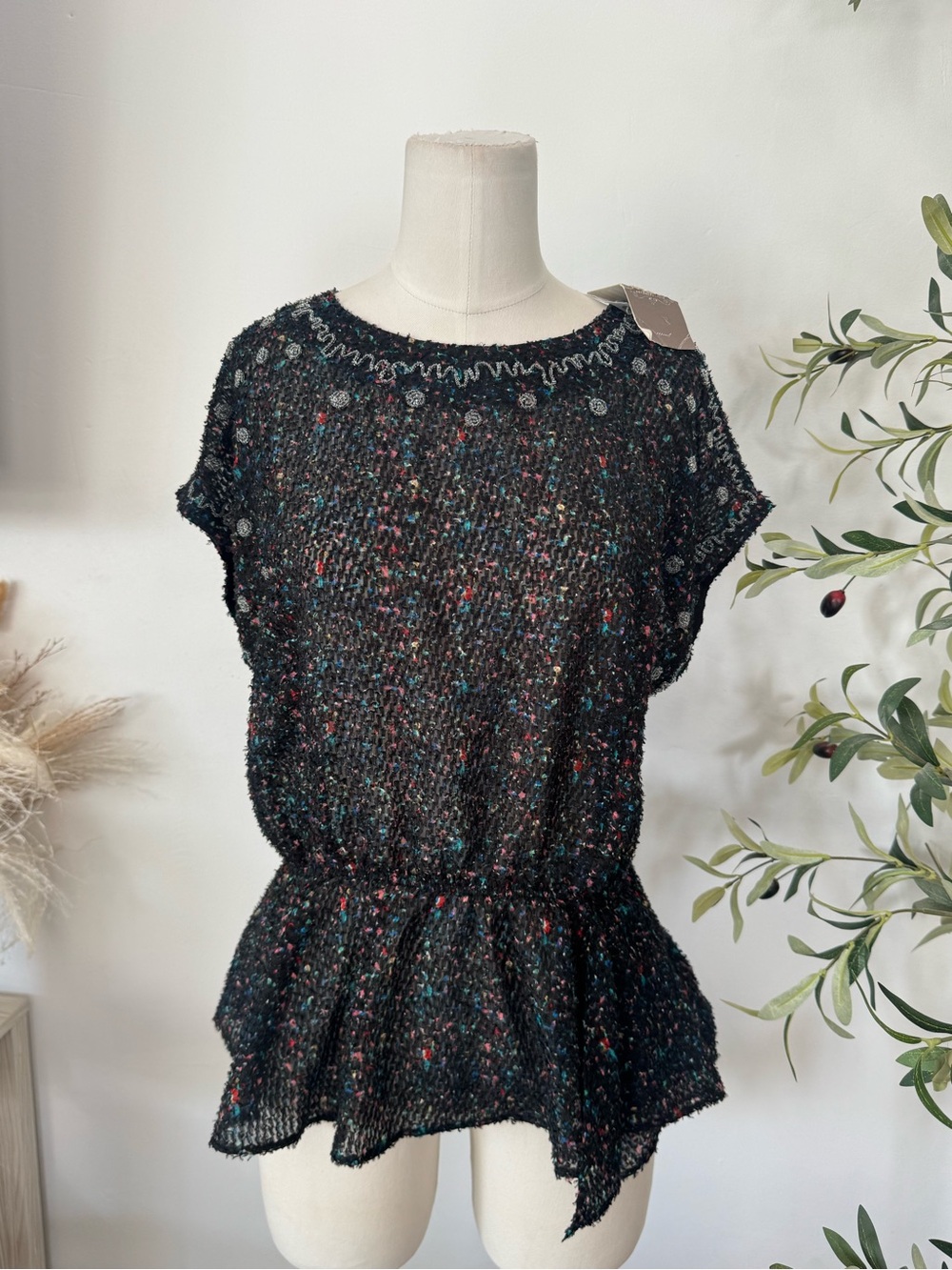 Isani Anthropologie Size S Black Multicolor Tweed Peplum Top - NWT